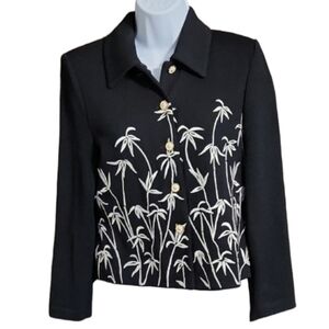 St John Black Palm Tree Embroidered Women's Button Up Cardigan Sweater Jacket